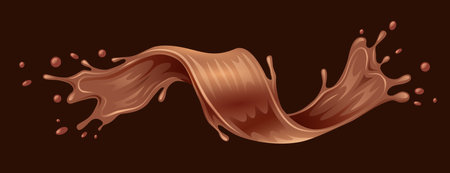 Realistic liquid milk chocolate wave splash isolated on dark background. Swirl with drops.のイラスト素材