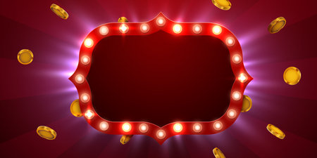 Retro light sign. Signboard with lamps border. Vintage style banner.のイラスト素材