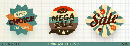 Set of Sale Stickers Retro Design. Cool Trendy Discount labels. Vector Special Offer Badges.のイラスト素材