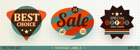 Set of Sale Stickers Retro Design. Cool Trendy Discount labels. Vector Special Offer Badges.のイラスト素材