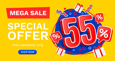 55 percent Special offer mega sale, Check and gift box. Sale banner and poster. Vector illustration.のイラスト素材