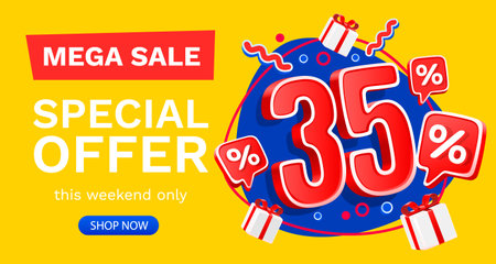35 percent Special offer mega sale, Check and gift box. Sale banner and poster. Vector illustration.のイラスト素材
