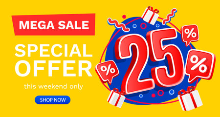 25 percent Special offer mega sale, Check and gift box. Sale banner and poster. Vector illustration.のイラスト素材