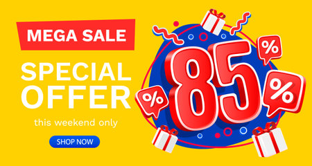 85 percent Special offer mega sale, Check and gift box. Sale banner and poster. Vector illustration.のイラスト素材