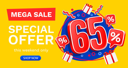 65 percent Special offer mega sale, Check and gift box. Sale banner and poster. Vector illustration.のイラスト素材