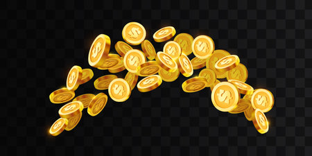 Falling coins, falling money, flying gold coins, golden rain. Jackpot or success concept. Vector illustrationのイラスト素材