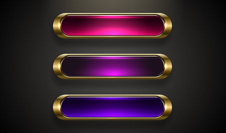 Light button, frame label, event bar casino, gold buttons with color. Vector illustrationのイラスト素材