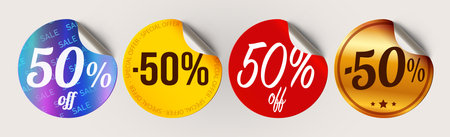 50 percent off label Set. Sale, Special Offer, Flash sale. Shopping labels. Curled stickers on White Background.のイラスト素材