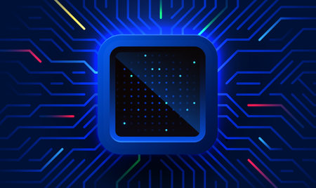Brightly glowing AI chip on circuit board. Technology background. CPU processor on tech bg. Computer...