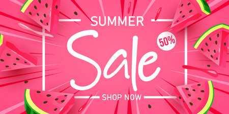 Summer Sale poster or banner template with Colorful slices of Watermelon. Promotion and shopping template for Summer season.のイラスト素材