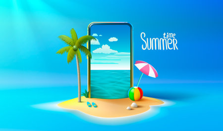 Summer time banner phone, season party bar app, tropical fruity. Vector illustrationのイラスト素材