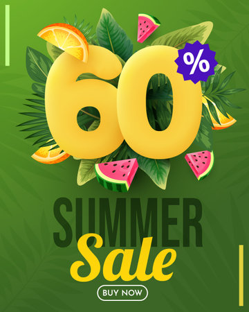 Summer sale vector design. Summer sale with 60 percents 3d discount text with beach elements.のイラスト素材