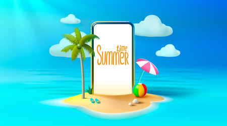 Summer time banner phone, season party bar app, tropical fruity. Vector illustrationのイラスト素材