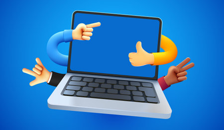 Laptop with happy people hands.のイラスト素材