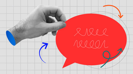 Retro collage. Hand hold a chat bubble. Communication concept.