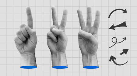 Collage element with pointing hands and doodle arrows. Fingers touch, click or tap. Grunge trendy...