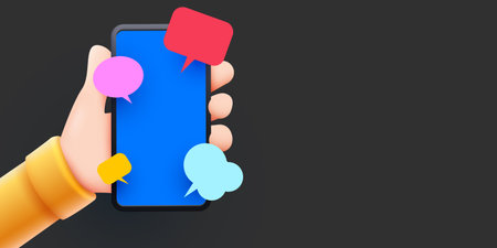 Hand holding phone with messages. Communication and social networking concept.