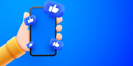 Cute cartoon hand holding mobile smartphone with Likes notification icons. Social media and...