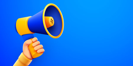 3d hand holding megaphone speaker or loudspeaker bullhorn for announce. Social media promotionのイラスト素材
