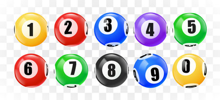 Bingo balls with numbers set on transparent background. 3D lotto game balls, lotteries gaming event.