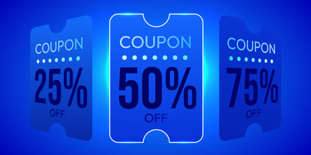 3d coupon slides in row, percent price off, isolated on blue background with light effect. Gift...