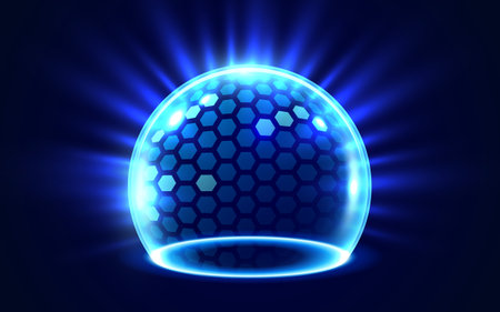 3D transparent sphere protection shield with hexagon pattern and neon glowing elements on dark background. Power energy barrier, force field, protection or defend concept.のイラスト素材