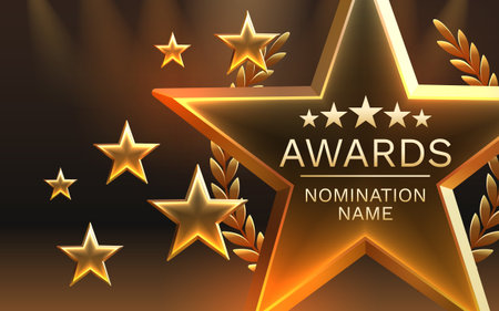 Awards nomination name podium, golden prize event, scene star ceremony. Vector illustration