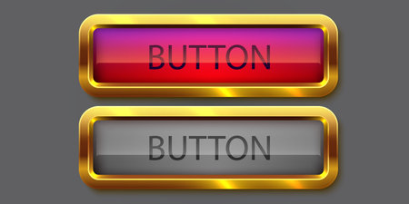 Gold rectangle isolated button. Golden design for empty emblem. Glossy golden metallic frame.のイラスト素材