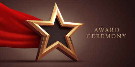 Award ceremony background and 3d gold star with red silk ribbon decoration.のイラスト素材