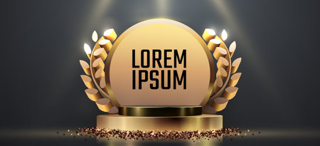 Award round podium with laurel wreath on dark background. Vector golden symbol of victory, achievement, success, rewarding of winner.のイラスト素材