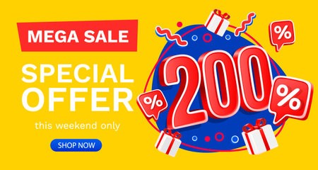 200 percent Special offer mega sale, Check and gift box. Sale banner and poster. Vector illustration.のイラスト素材