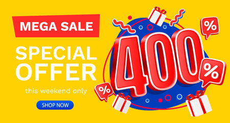 400 percent Special offer mega sale, Check and gift box. Sale banner and poster. Vector illustration.のイラスト素材