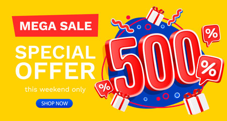 500 percent Special offer mega sale, Check and gift box. Sale banner and poster. Vector illustration.のイラスト素材
