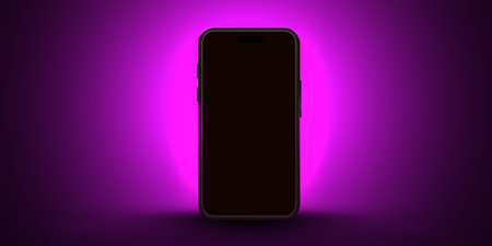 3d mobile phone screen on light glow background. Smartphone futuristic app mockup with abstract beams flare. Glossy winner game presentation on device.のイラスト素材