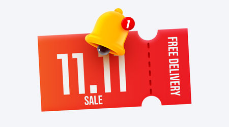 3d coupon with notification bell. Special giveaway with coupons or voucher, percentage off. Shopping...