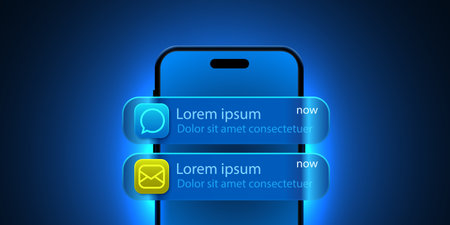 3d mobile phone screen on light glow background with glass notifications.のイラスト素材