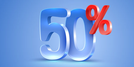 Mega shopping offer 50 percent discount glossy glass 3d render. Sale banner.のイラスト素材