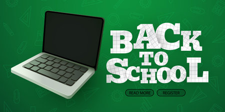 Back to school text vector template design. Back to school greeting with laptop computer.のイラスト素材