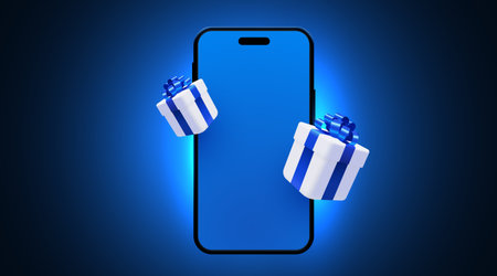 Smartphone with present boxes on light glow background.のイラスト素材