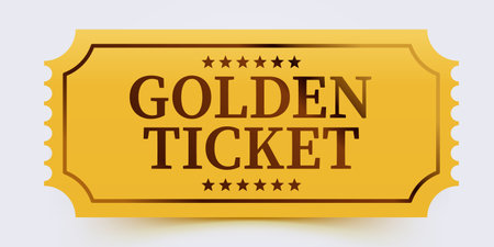 Golden ticket mockup isolated on white background. Cinema, theater, concert, party, event, festival invitation entranceのイラスト素材