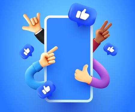 Smartphone with cartoon funny hands. Social media and communication concept.のイラスト素材