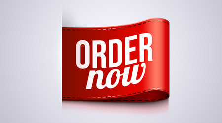 Order now banner. Red ribbon, tag and sticker.のイラスト素材