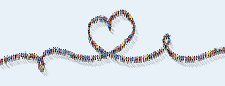 Large group of people in the heart sign shape background. Single line.のイラスト素材