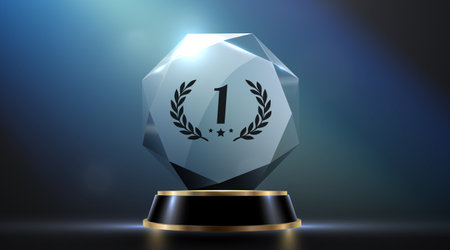 Award podium with glass trophy with laurel wreath on dark background. Symbol of victory, achievement, success, rewarding of winner.のイラスト素材