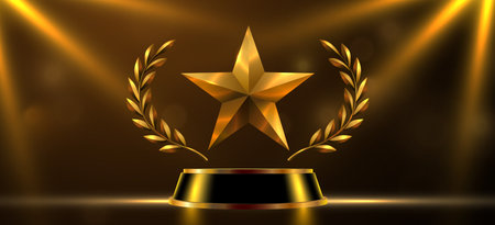 Award luxury round podium with golden star and laurel wreath. Golden symbol of victory, achievement, success, rewarding of winner.のイラスト素材