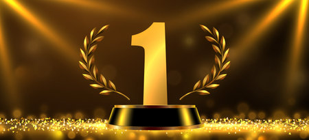 Winner award. Number one. Golden laurel wreath on podium with confetti.のイラスト素材
