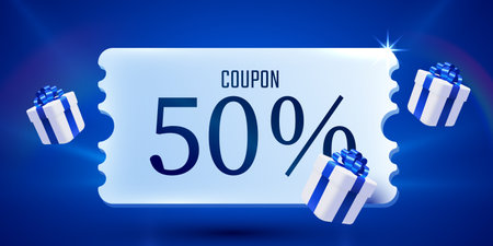 3d coupon with present boxes. Special giveaway voucher, percentage off. Gift voucher template.のイラスト素材