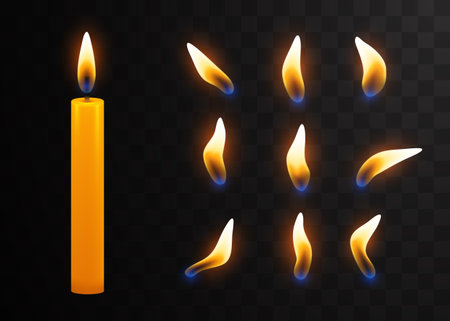Vector 3d realistic orange paraffin or wax burning candle and different flame of a candle set closeup isolated on transparency grid background. Design template.のイラスト素材