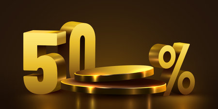 50 percent with podium. Sale, discount or bonus concept.のイラスト素材