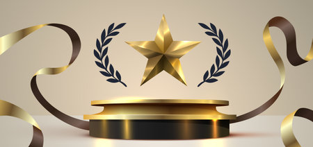 Award luxury round podium with golden star and laurel wreath. Golden symbol of victory, achievement, success, rewarding of winner.のイラスト素材